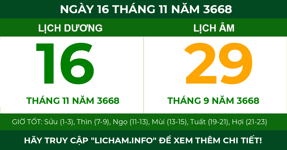 lịch âm ngày 16 tháng 11 năm 3668