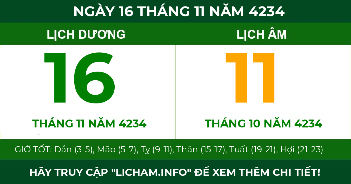 lịch âm ngày 16 tháng 11 năm 4234