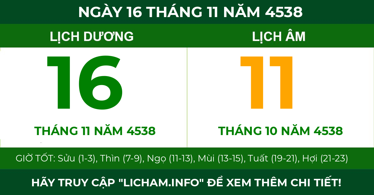 lịch âm ngày 16 tháng 11 năm 4538
