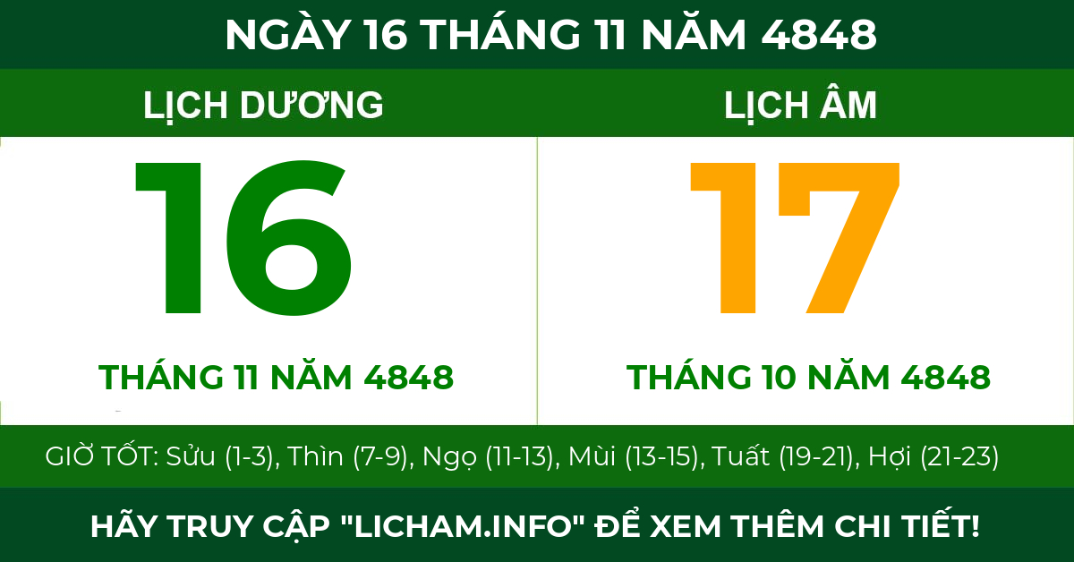 lịch âm ngày 16 tháng 11 năm 4848