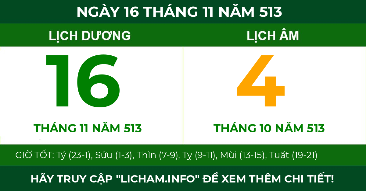 lịch âm ngày 16 tháng 11 năm 513