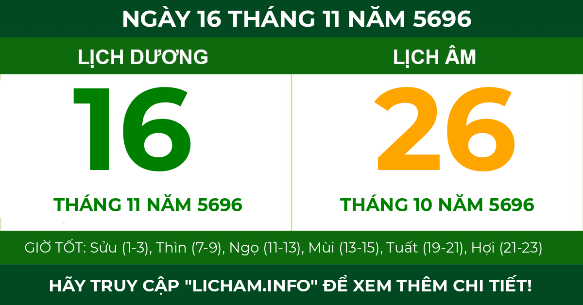 lịch âm ngày 16 tháng 11 năm 5696