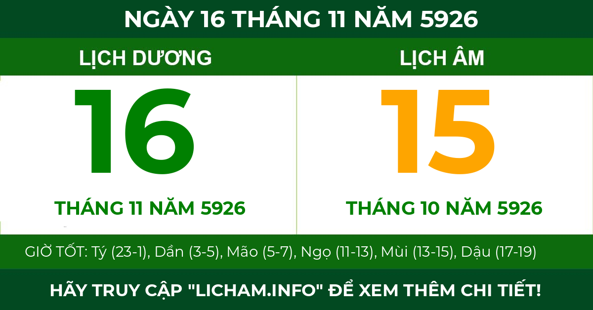 lịch âm ngày 16 tháng 11 năm 5926