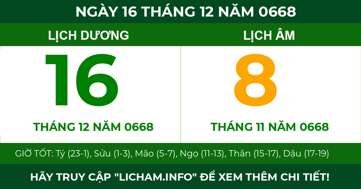 lịch âm ngày 16 tháng 12 năm 0668