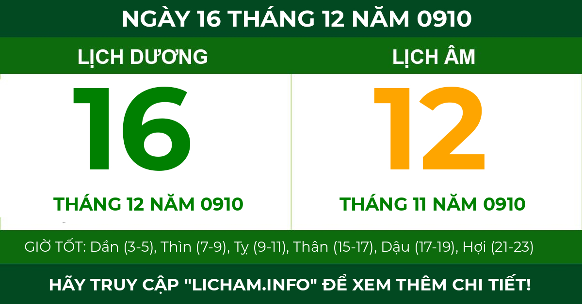lịch âm ngày 16 tháng 12 năm 0910