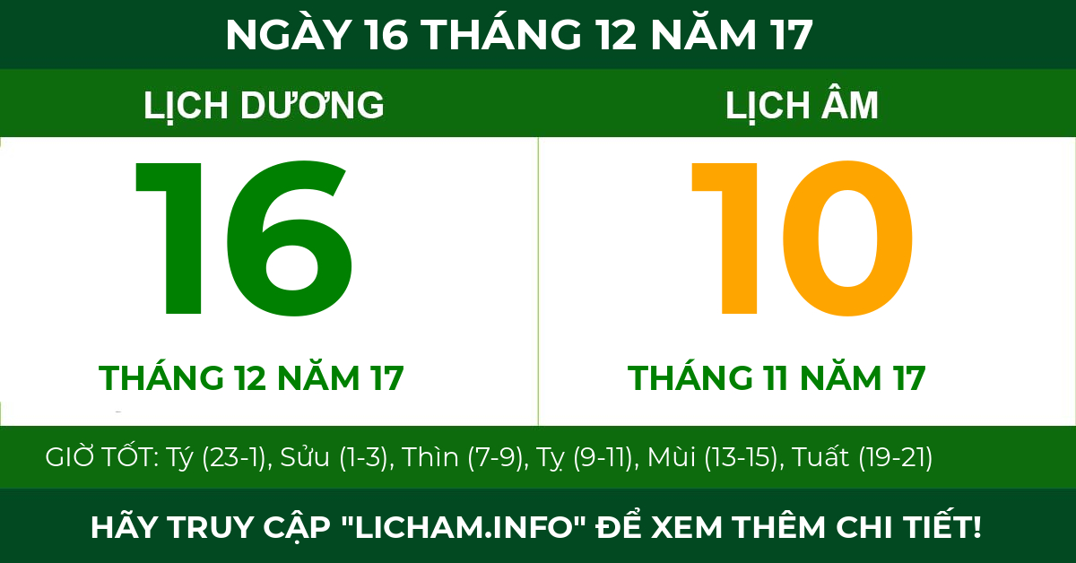 lịch âm ngày 16 tháng 12 năm 17