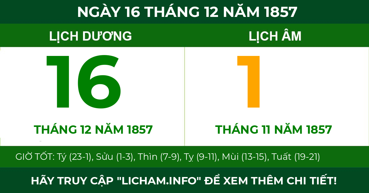 lịch âm ngày 16 tháng 12 năm 1857