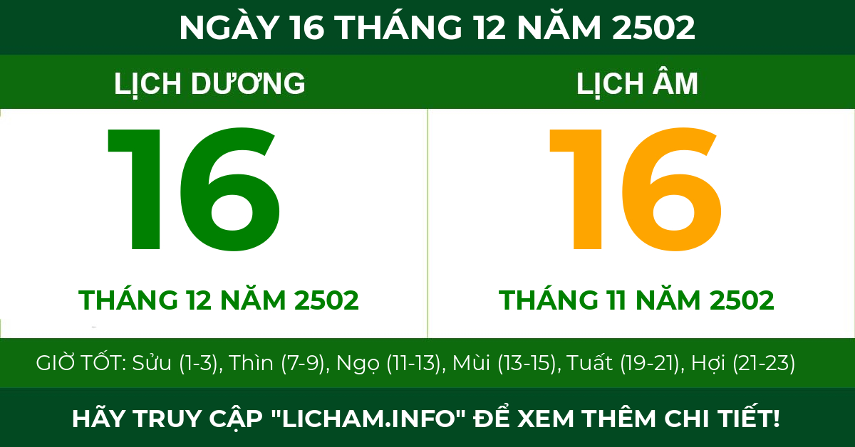 lịch âm ngày 16 tháng 12 năm 2502