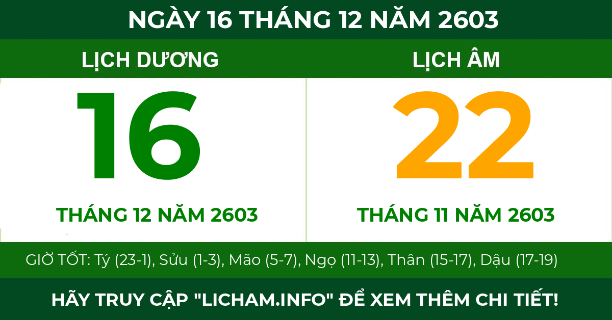 lịch âm ngày 16 tháng 12 năm 2603