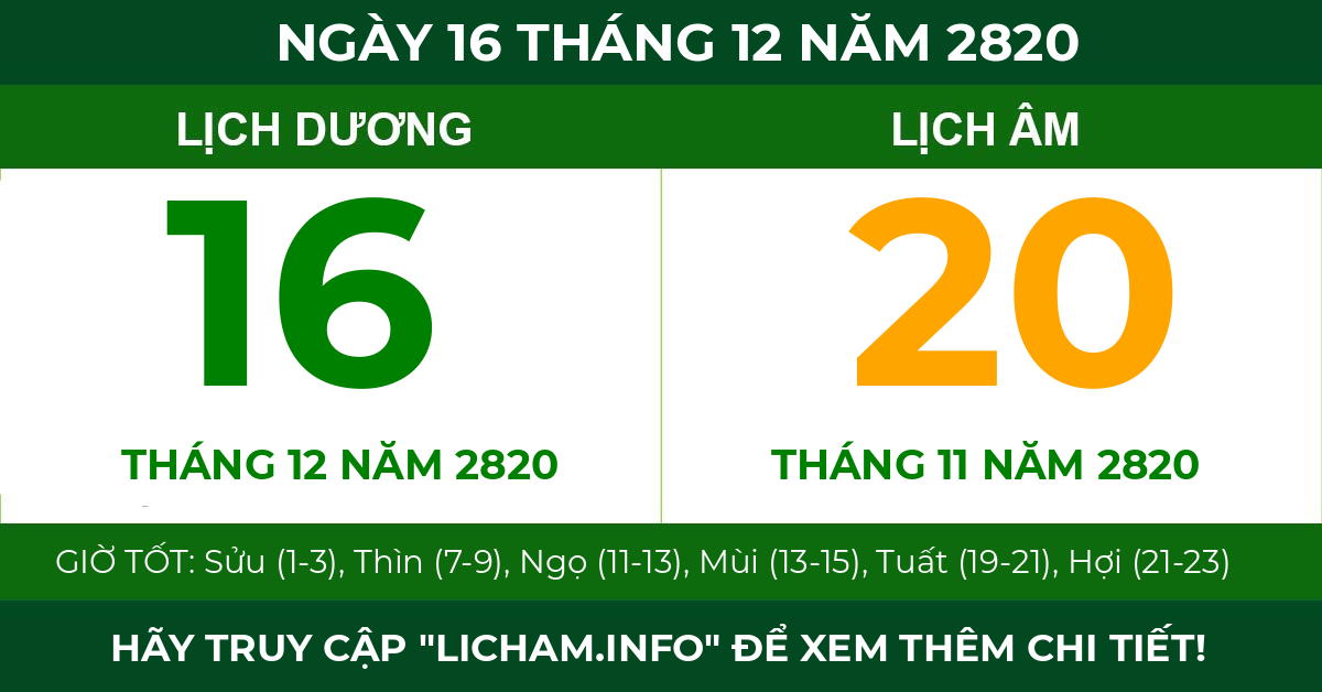 lịch âm ngày 16 tháng 12 năm 2820