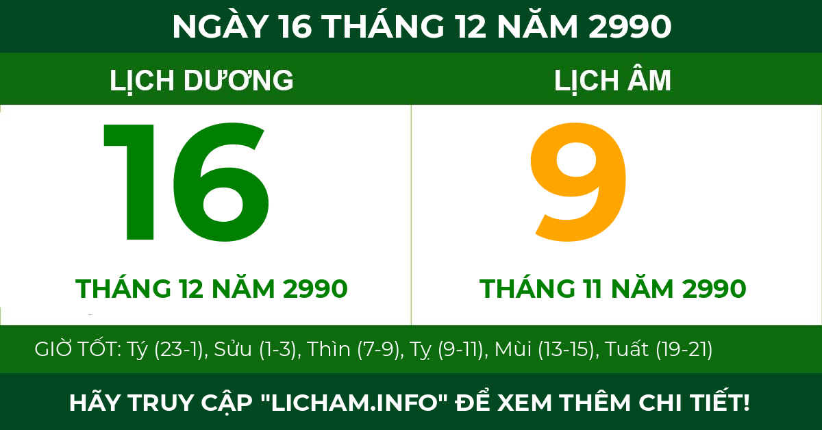 lịch âm ngày 16 tháng 12 năm 2990