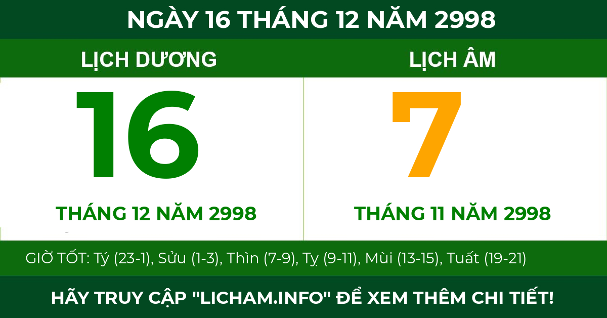 lịch âm ngày 16 tháng 12 năm 2998