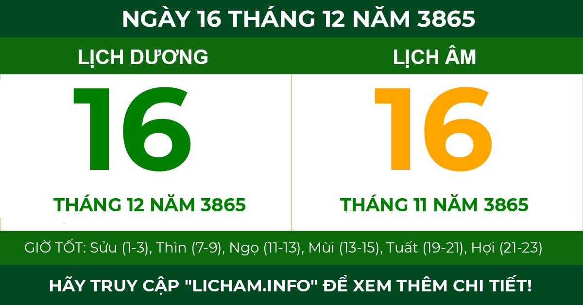 lịch âm ngày 16 tháng 12 năm 3865