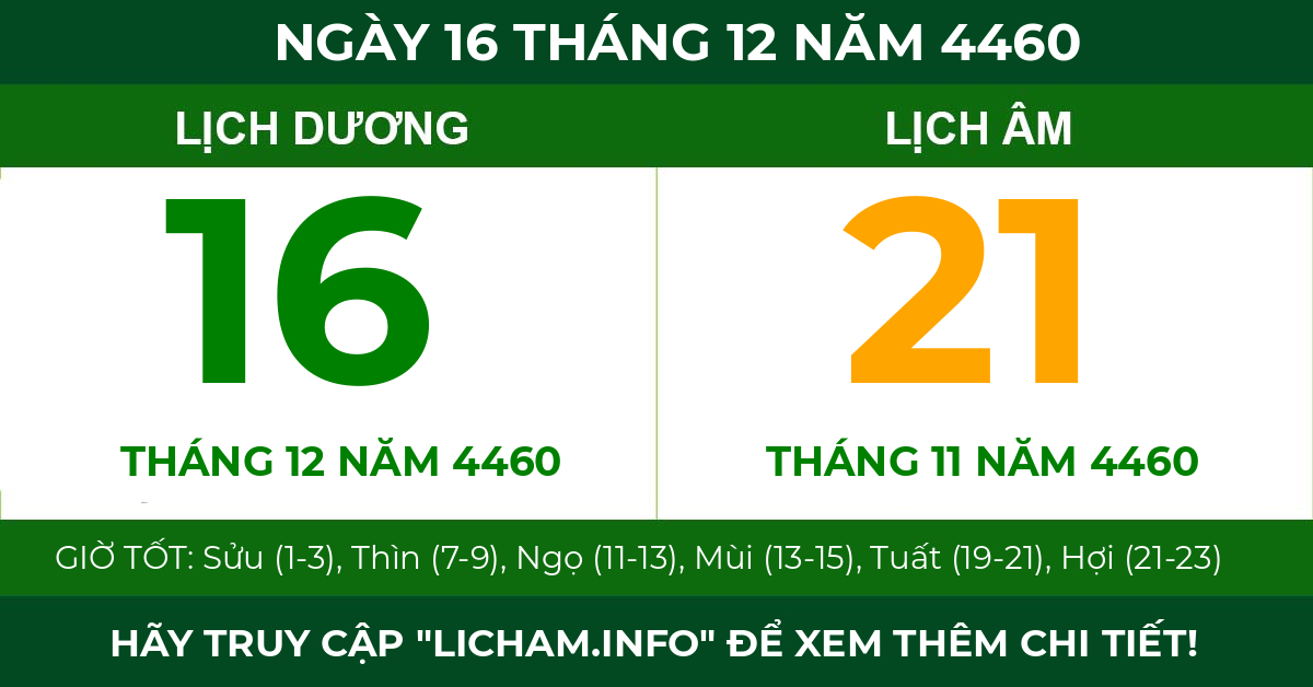 lịch âm ngày 16 tháng 12 năm 4460