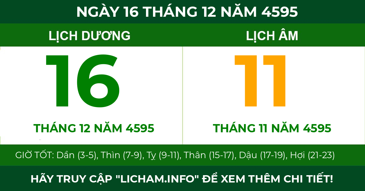 lịch âm ngày 16 tháng 12 năm 4595