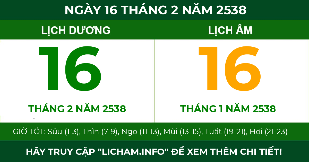lịch âm ngày 16 tháng 2 năm 2538