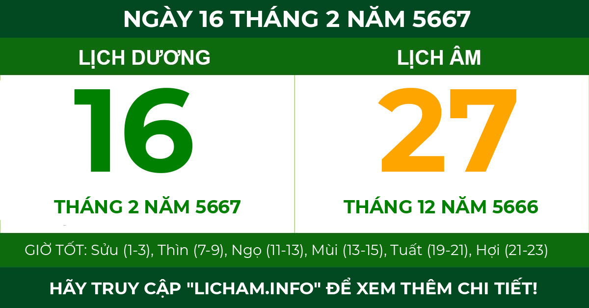 lịch âm ngày 16 tháng 2 năm 5667