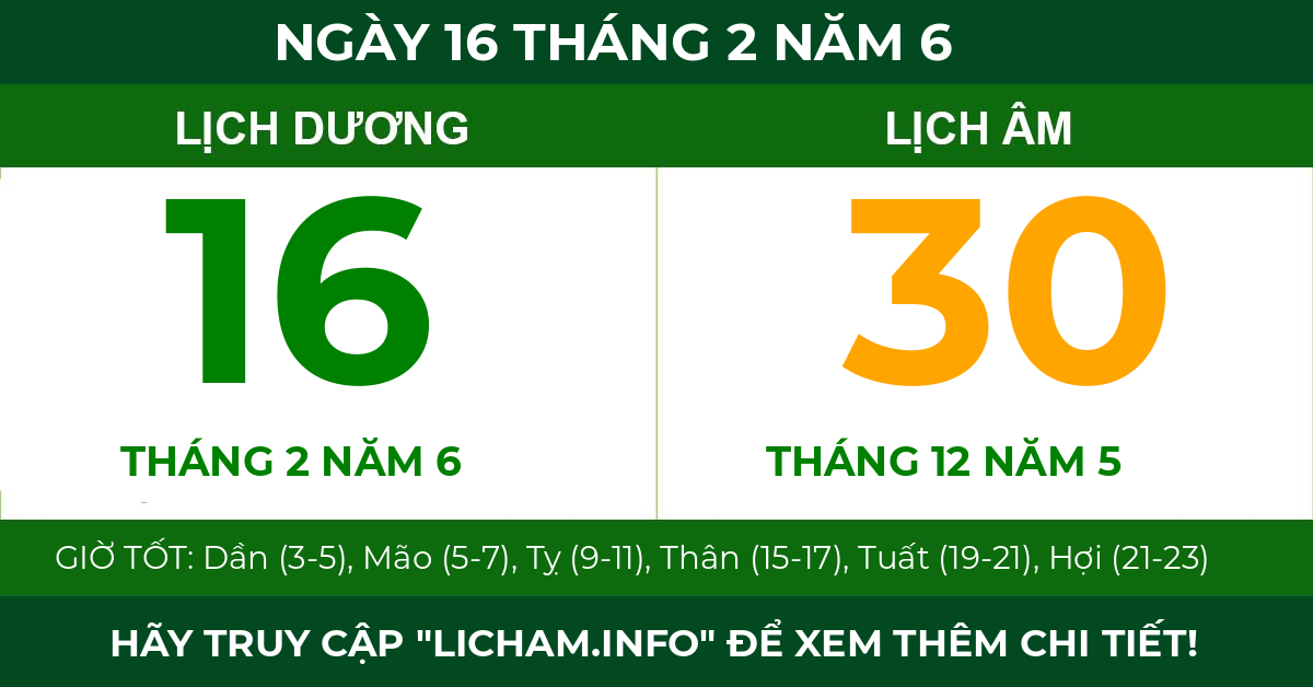 lịch âm ngày 16 tháng 2 năm 6