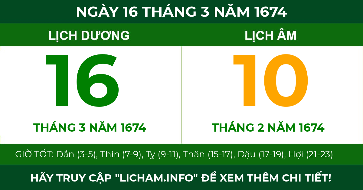 lịch âm ngày 16 tháng 3 năm 1674