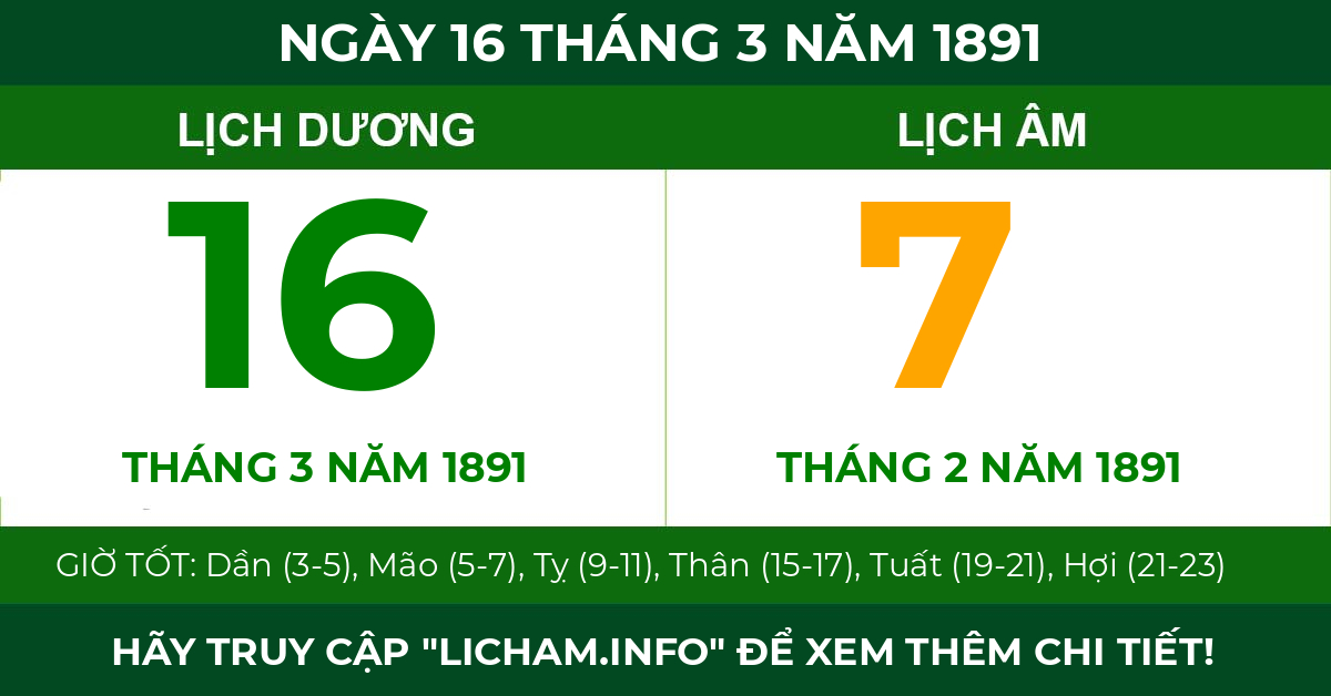lịch âm ngày 16 tháng 3 năm 1891