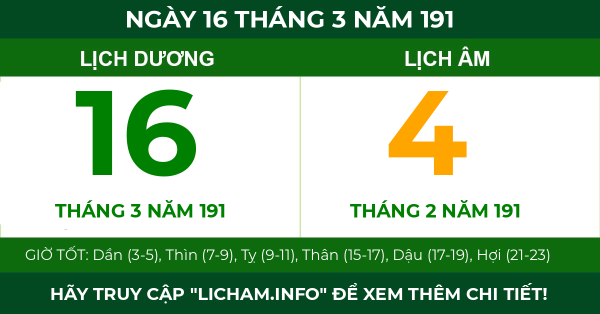 lịch âm ngày 16 tháng 3 năm 191
