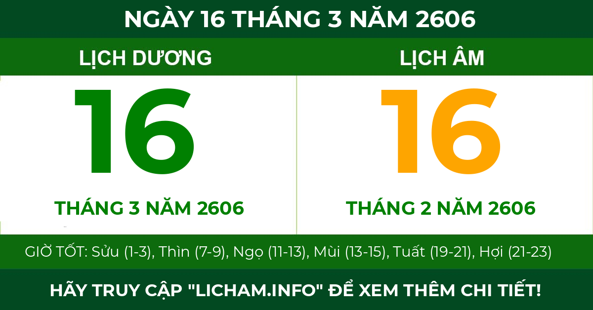 lịch âm ngày 16 tháng 3 năm 2606