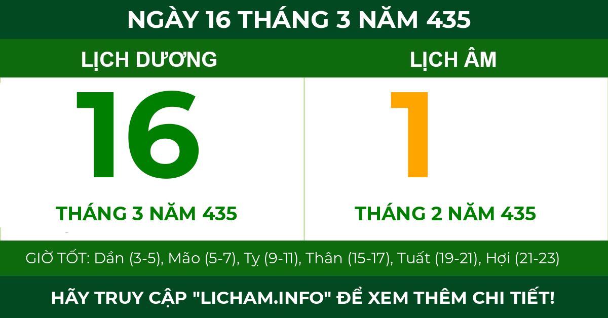 lịch âm ngày 16 tháng 3 năm 435