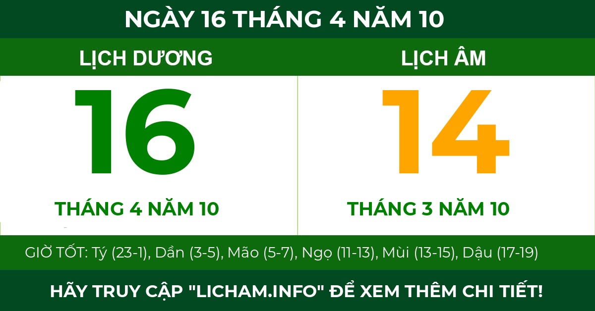 lịch âm ngày 16 tháng 4 năm 10