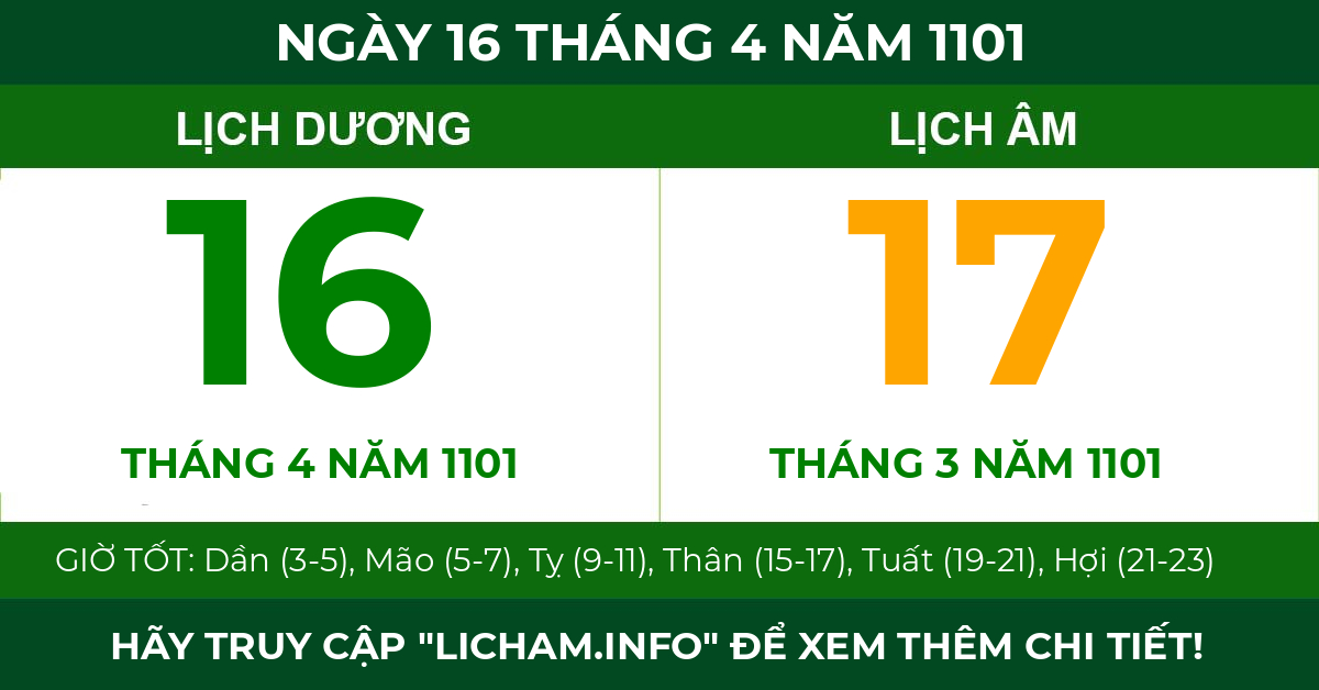 lịch âm ngày 16 tháng 4 năm 1101