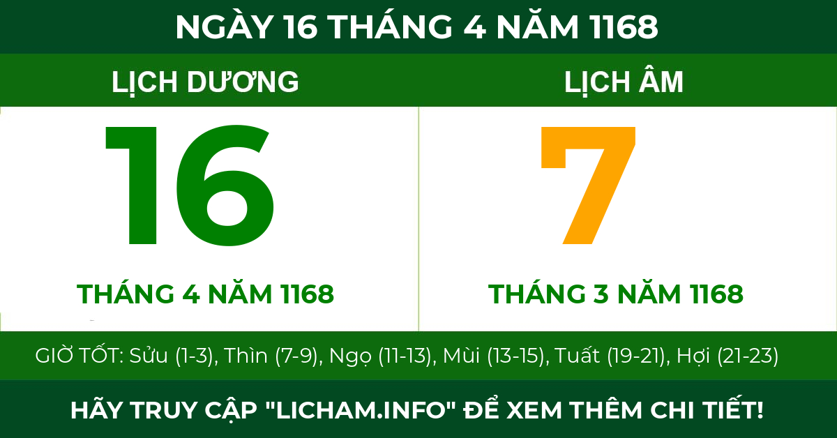 lịch âm ngày 16 tháng 4 năm 1168