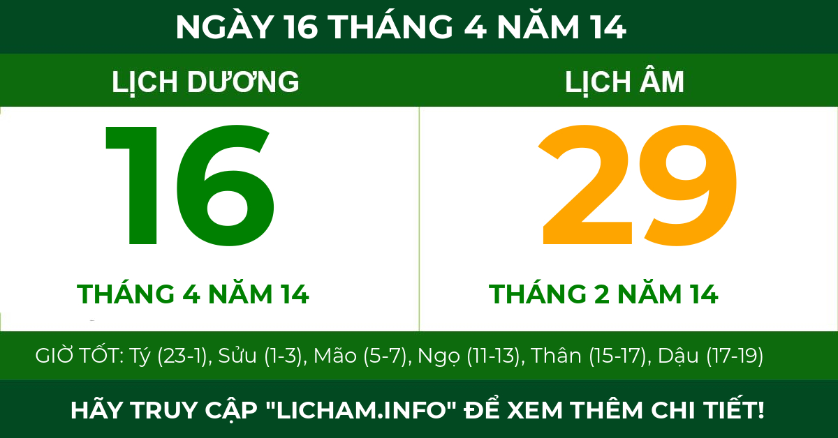 lịch âm ngày 16 tháng 4 năm 14