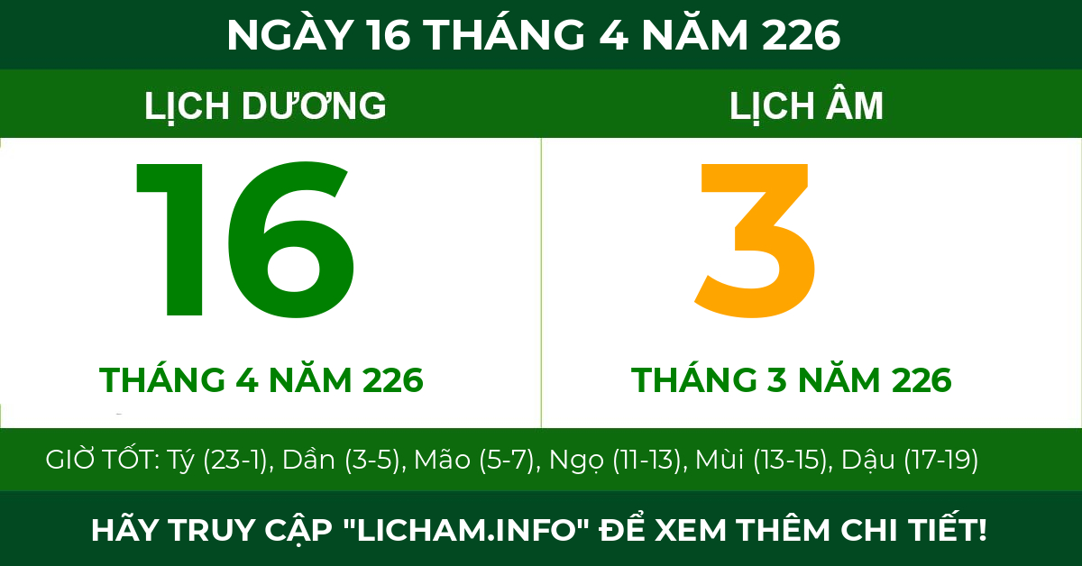 lịch âm ngày 16 tháng 4 năm 226