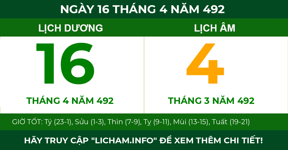lịch âm ngày 16 tháng 4 năm 492