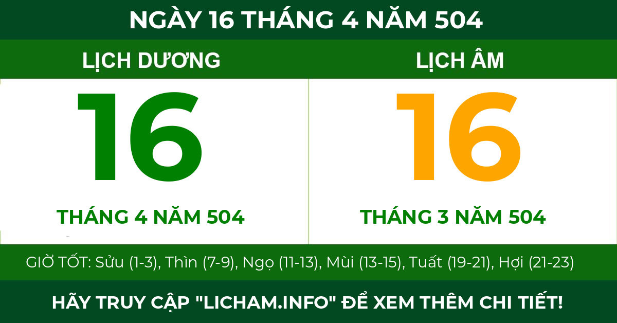 lịch âm ngày 16 tháng 4 năm 504
