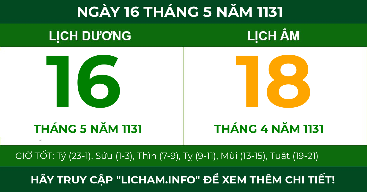lịch âm ngày 16 tháng 5 năm 1131