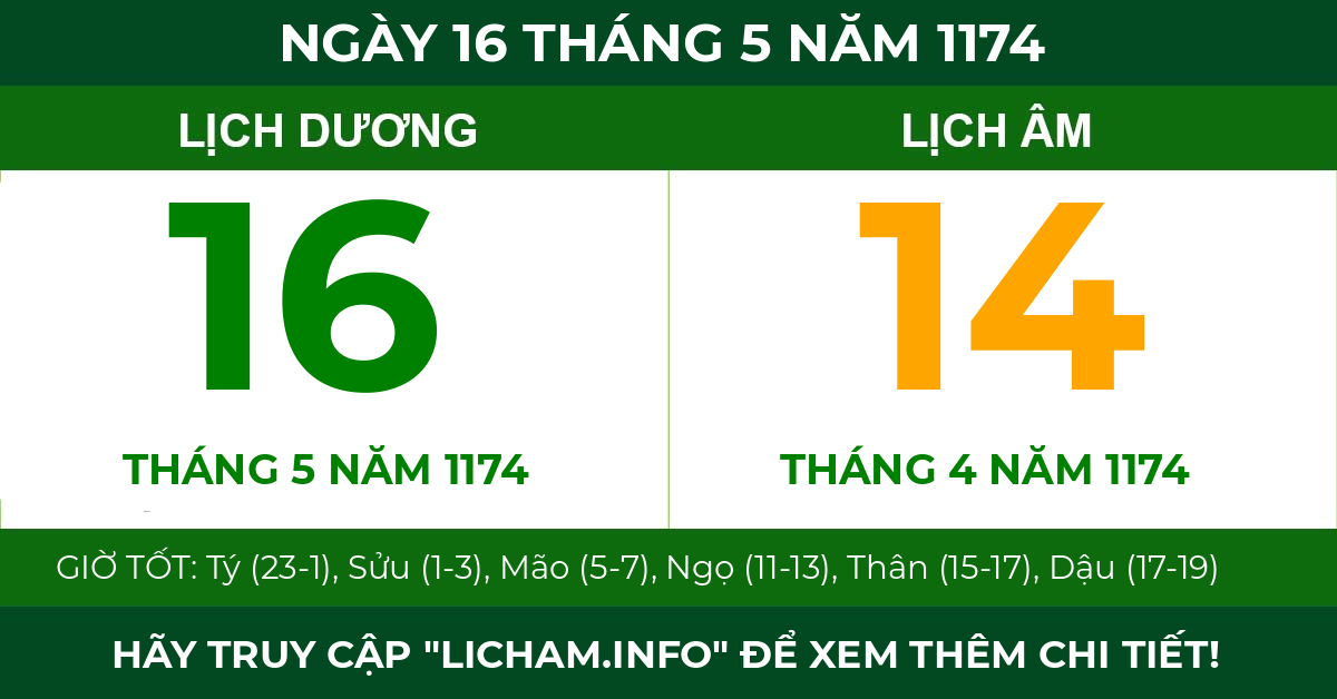 lịch âm ngày 16 tháng 5 năm 1174