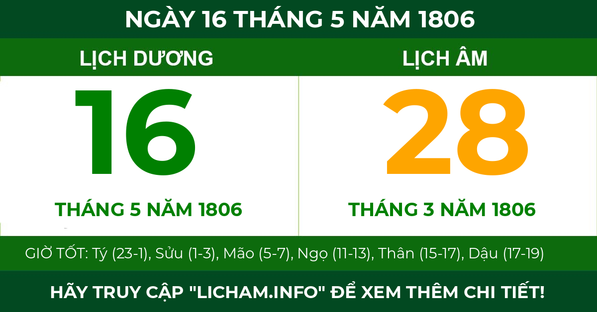 lịch âm ngày 16 tháng 5 năm 1806