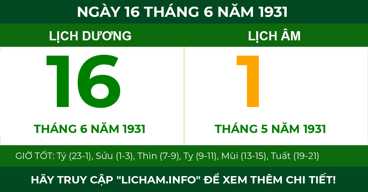 lịch âm ngày 16 tháng 6 năm 1931