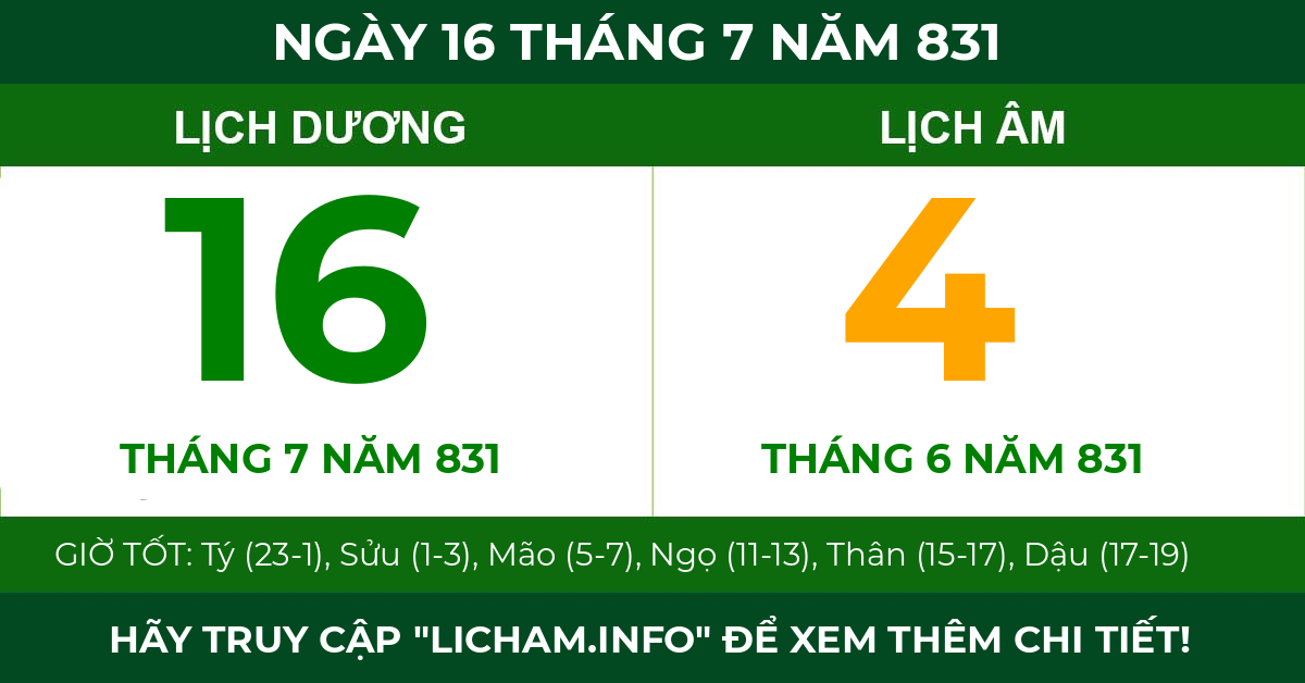 lịch âm ngày 16 tháng 7 năm 831