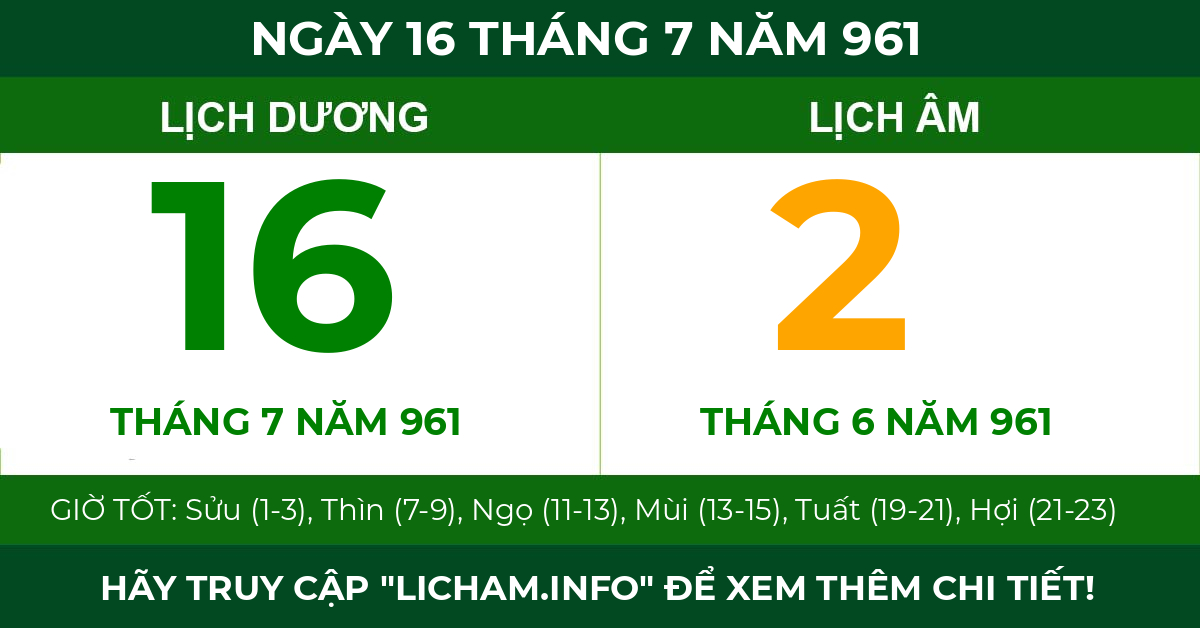 lịch âm ngày 16 tháng 7 năm 961
