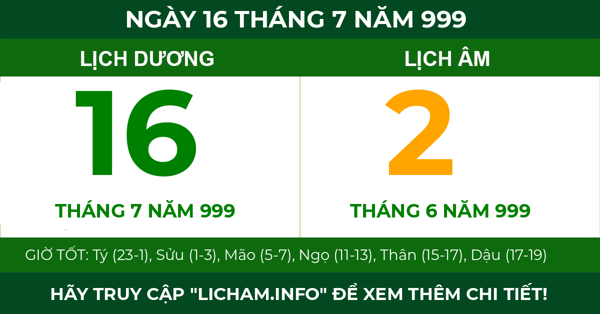 lịch âm ngày 16 tháng 7 năm 999