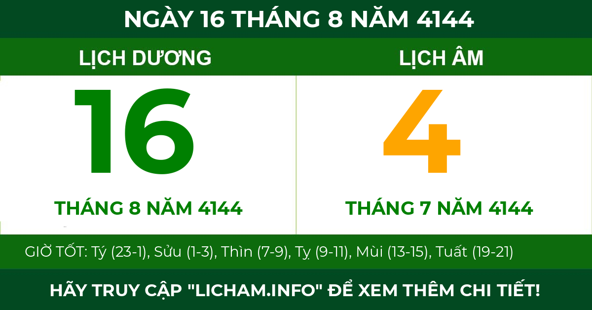 lịch âm ngày 16 tháng 8 năm 4144