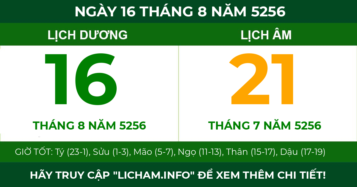 lịch âm ngày 16 tháng 8 năm 5256