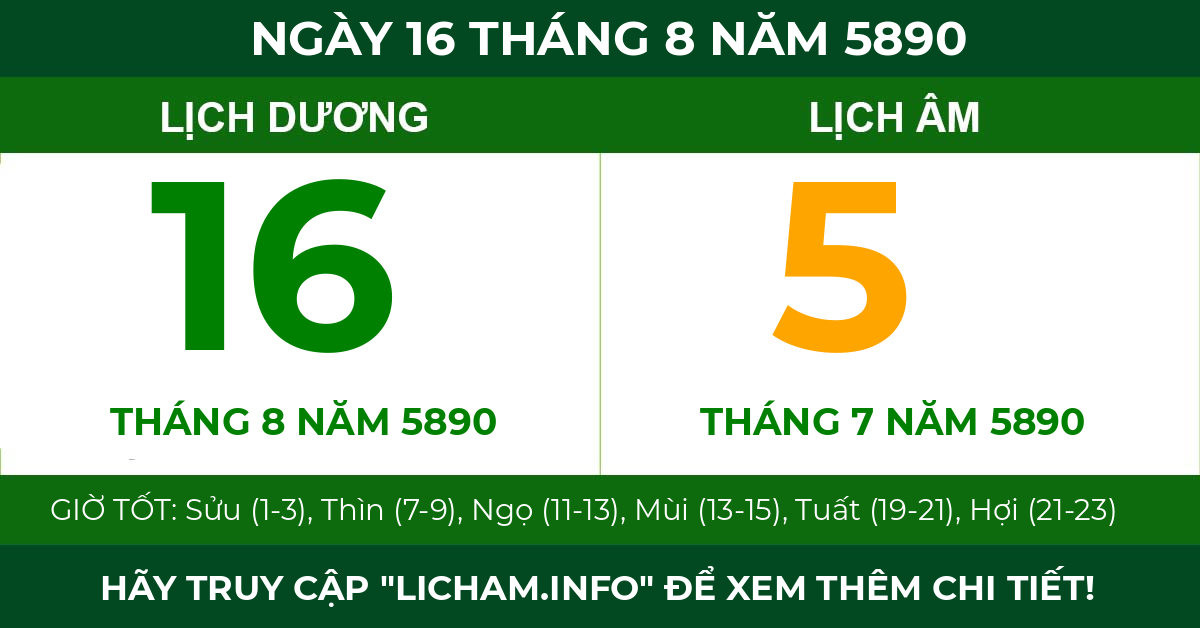 lịch âm ngày 16 tháng 8 năm 5890