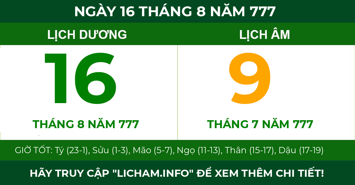 lịch âm ngày 16 tháng 8 năm 777