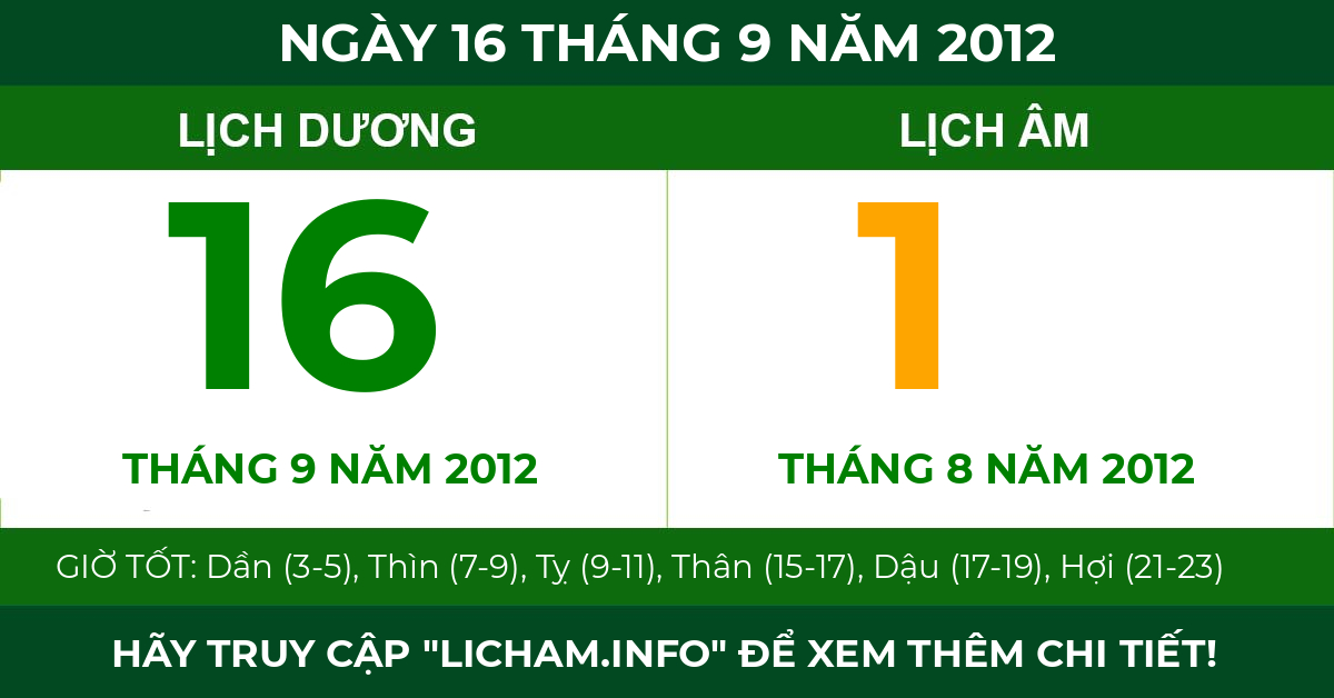 lịch âm ngày 16 tháng 9 năm 2012