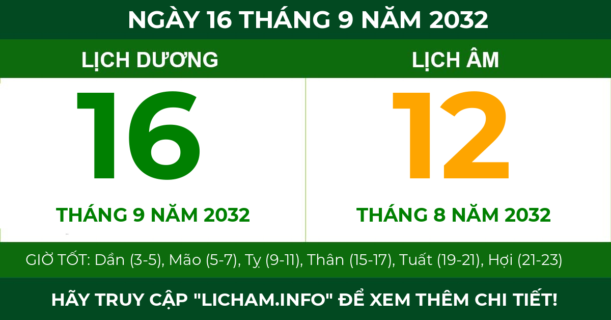 lịch âm ngày 16 tháng 9 năm 2032