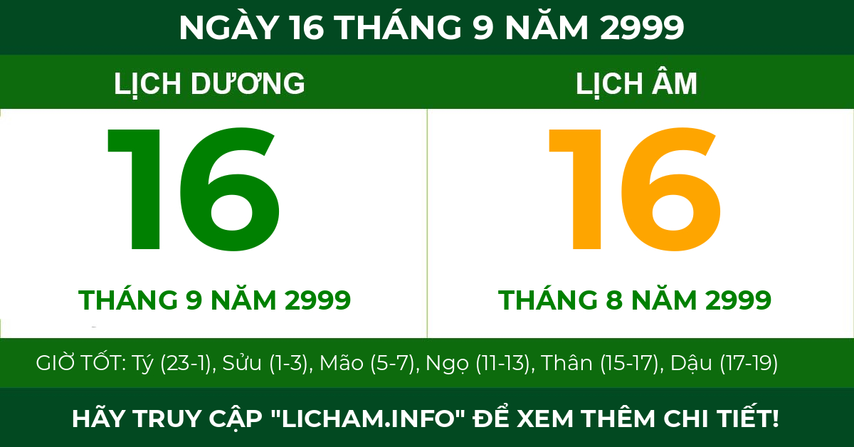 lịch âm ngày 16 tháng 9 năm 2999