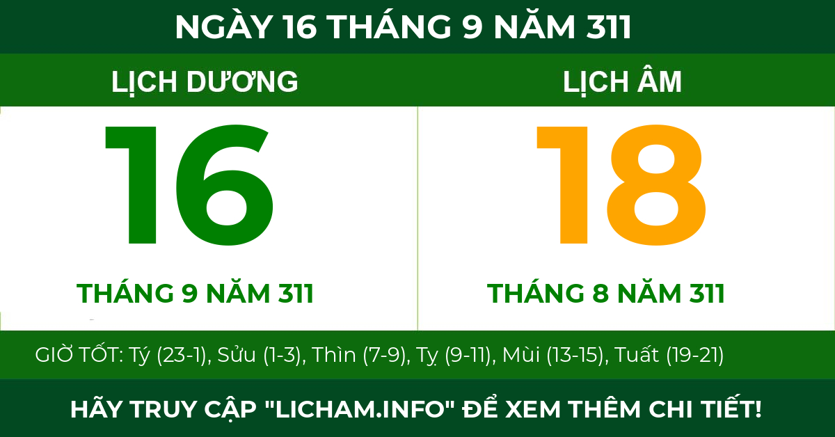 lịch âm ngày 16 tháng 9 năm 311