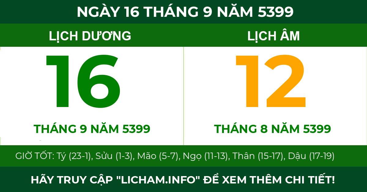 lịch âm ngày 16 tháng 9 năm 5399